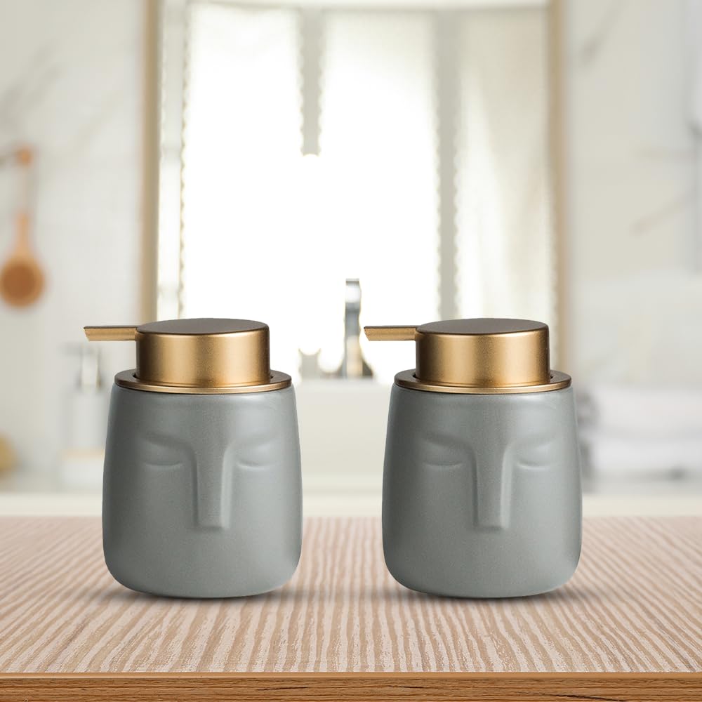 The Better Home 350ml Soap Dispenser Bottle - Grey (Set of 2) |Ceramic Liquid Pump Dispenser for Kitchen, Wash-Basin, and Bathroom