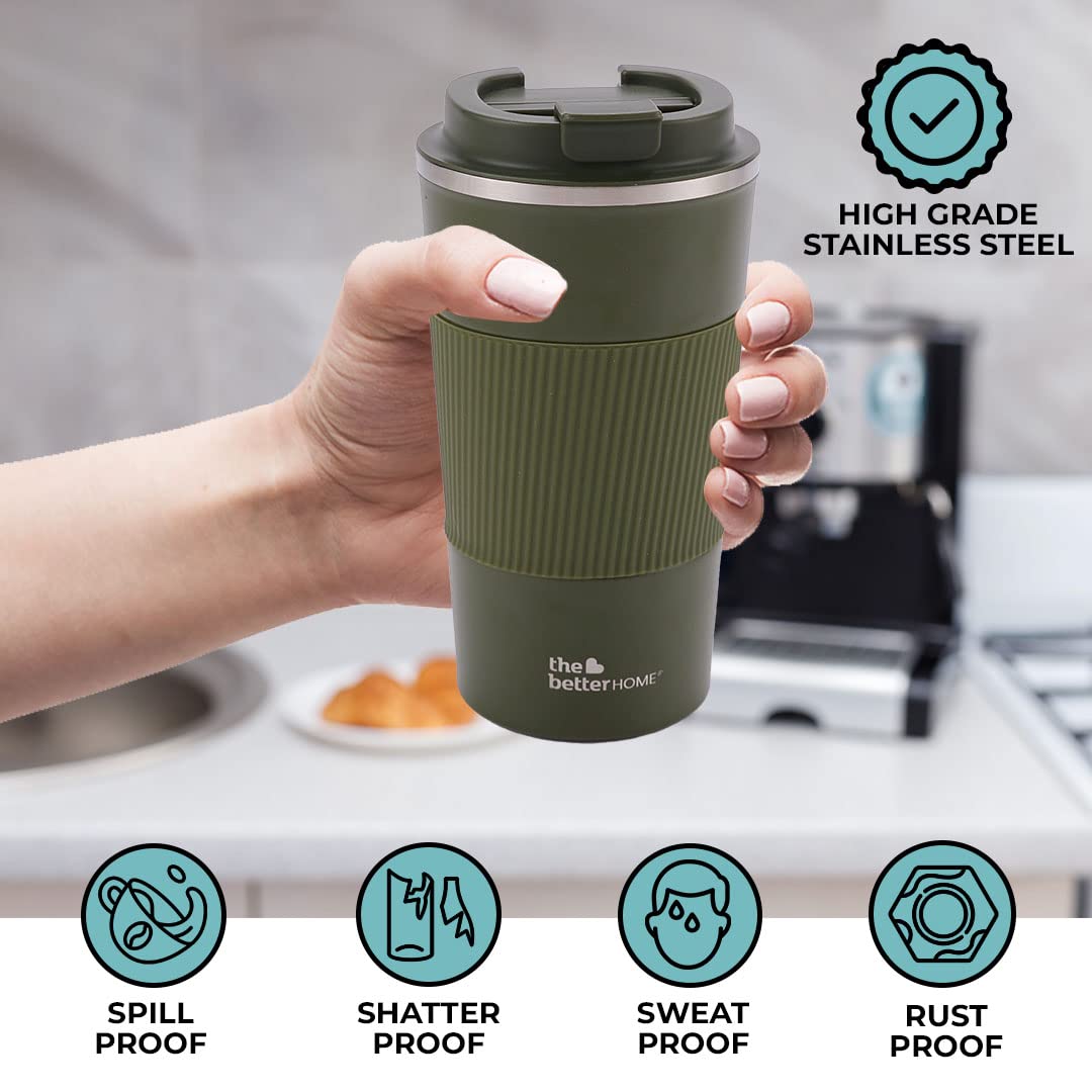 The Better Home 510 ml Insulated Coffee Cup Tumbler | Double Walled 304 Stainless Steel | Leakproof | Spillproof Silicone Rim | 6 hrs hot & cold | BPA Free | Perfect For Travel, Home & Office | Green