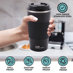 Insulated Coffee Mug with Lid and Sleeve (510ml) | Double Wall Insulated Stainless Steel Mug for Coffee & Tea | Hot and Cold Tumbler | Coffee Mug with Lid for Home & Office (Black)