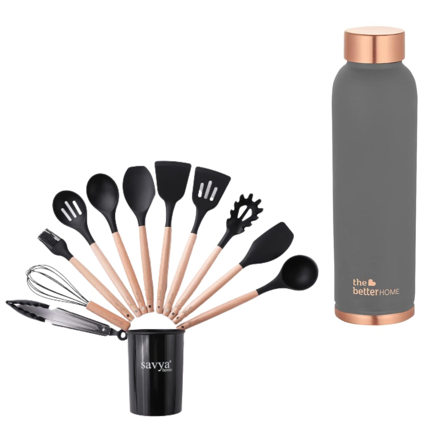 The Better Home 100% Pure Copper Water Bottle 1 Litre, Grey & Savya Home 12 pcs Silicon Spatula Set, Black