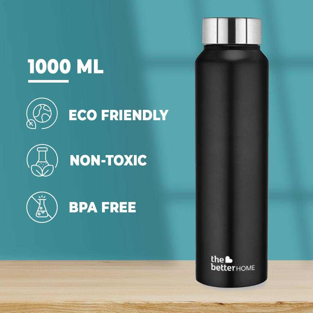 The Better Home 1000 Stainless Steel Water Bottle 1 Litre | Rust-Proof, Lightweight, Leak-Proof & Durable | Eco-Friendly, Non-Toxic & BPA Free Water Bottles 1+ Litre | Black (Pack of 5)