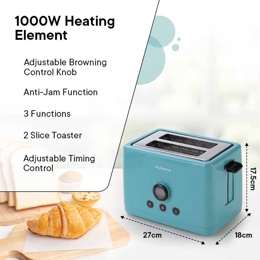 2 Slice Pop-Up Toaster - 1000W, 6 Browning Levels, Removable Crumb Tray | Includes Bun Rack | Light Blue