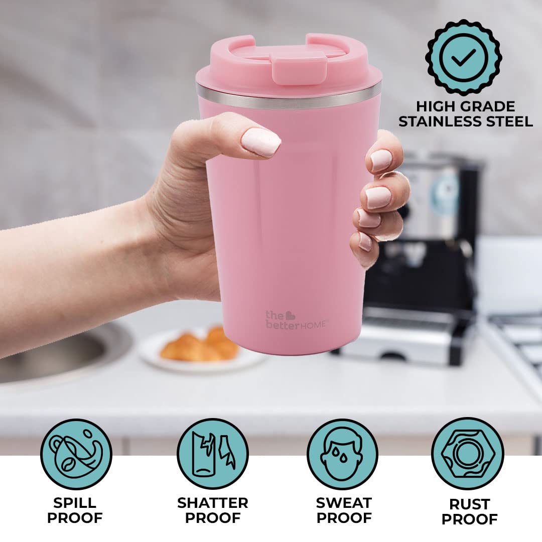 The Better Home 380 ml Insulated Coffee Cup Tumbler | Double Walled 304 Stainless Steel | Leakproof | Spillproof Silicone Rim | 6 hrs hot & Cold | BPA Free | Perfect for Home & Office | Blue (Pink)