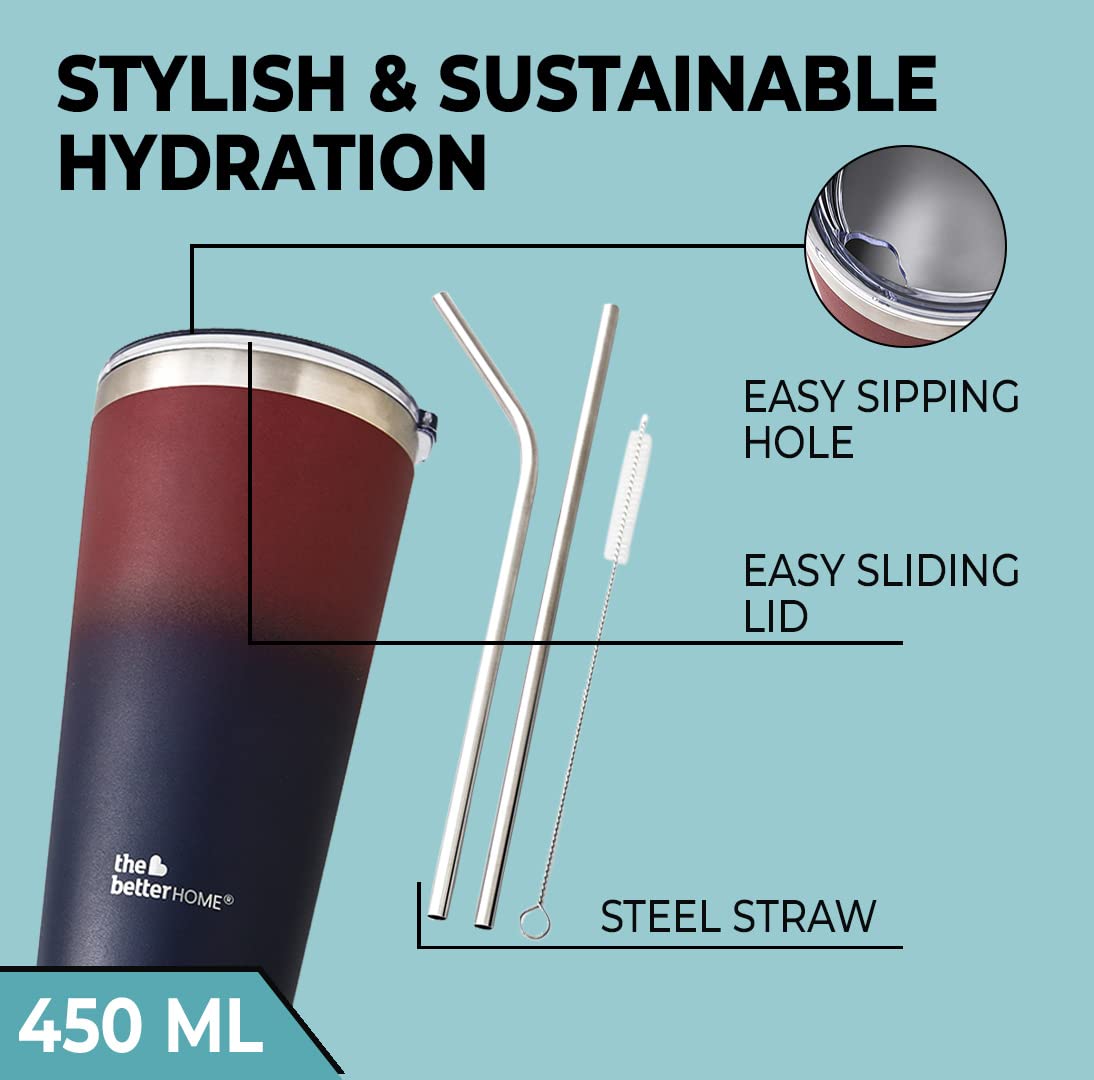 Insulated Tumbler with Straw & Lid 450ml | Double Wall Insulated Stainless Steel Water, Coffee Tumbler | Hot and Cold Coffee Flask | Durable Travel Coffee Mug with Lid (Maroon to Blue)