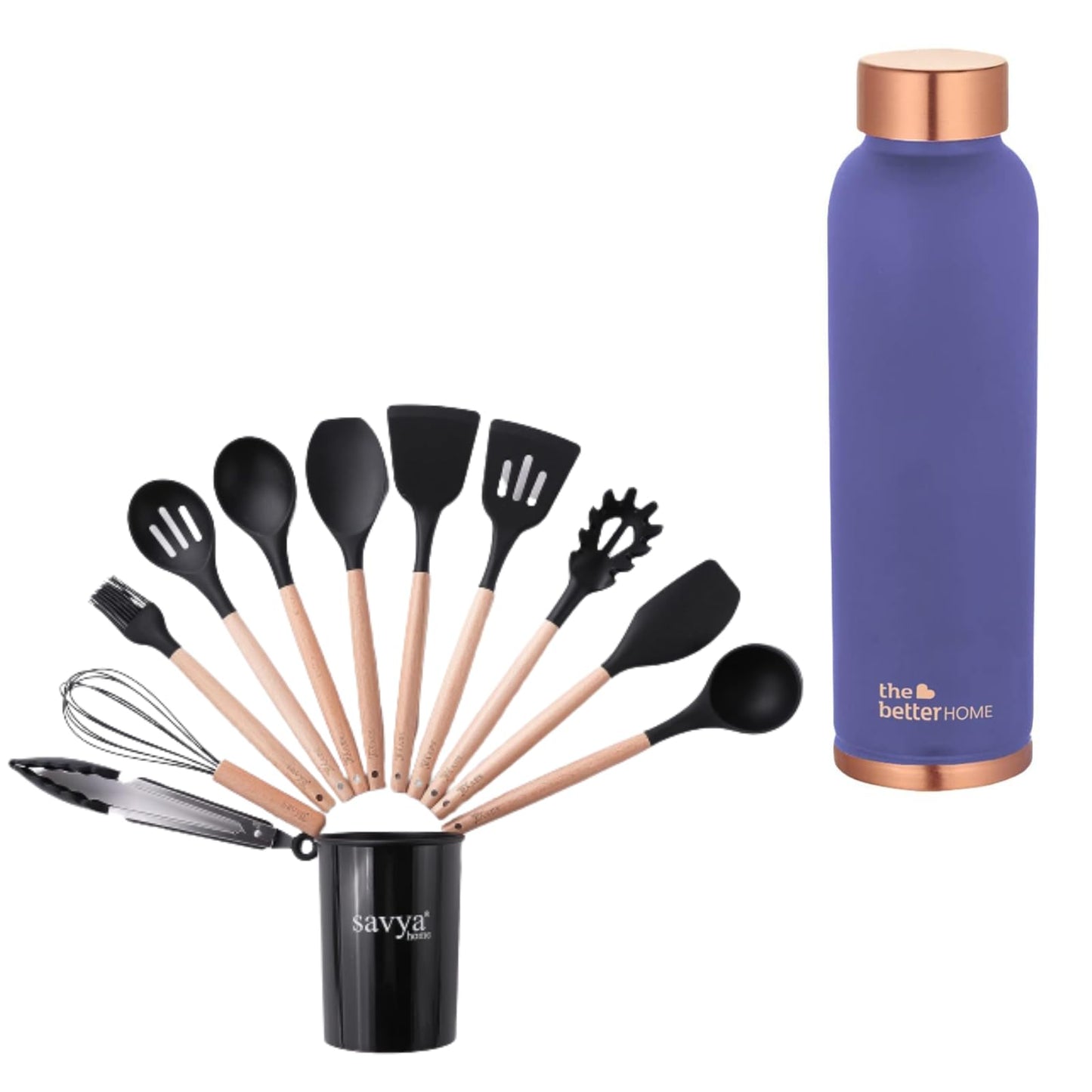 The Better Home 100% Pure Copper Water Bottle 1 Litre, Purple & Savya Home 12 pcs Silicon Spatula Set, Black