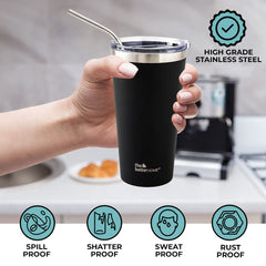 Insulated Tumbler with Straw & Lid 450ml | Double Wall Insulated Stainless Steel Water, Coffee Tumbler | Hot and Cold Coffee Flask | Durable Travel Coffee Mug with Lid (Black)