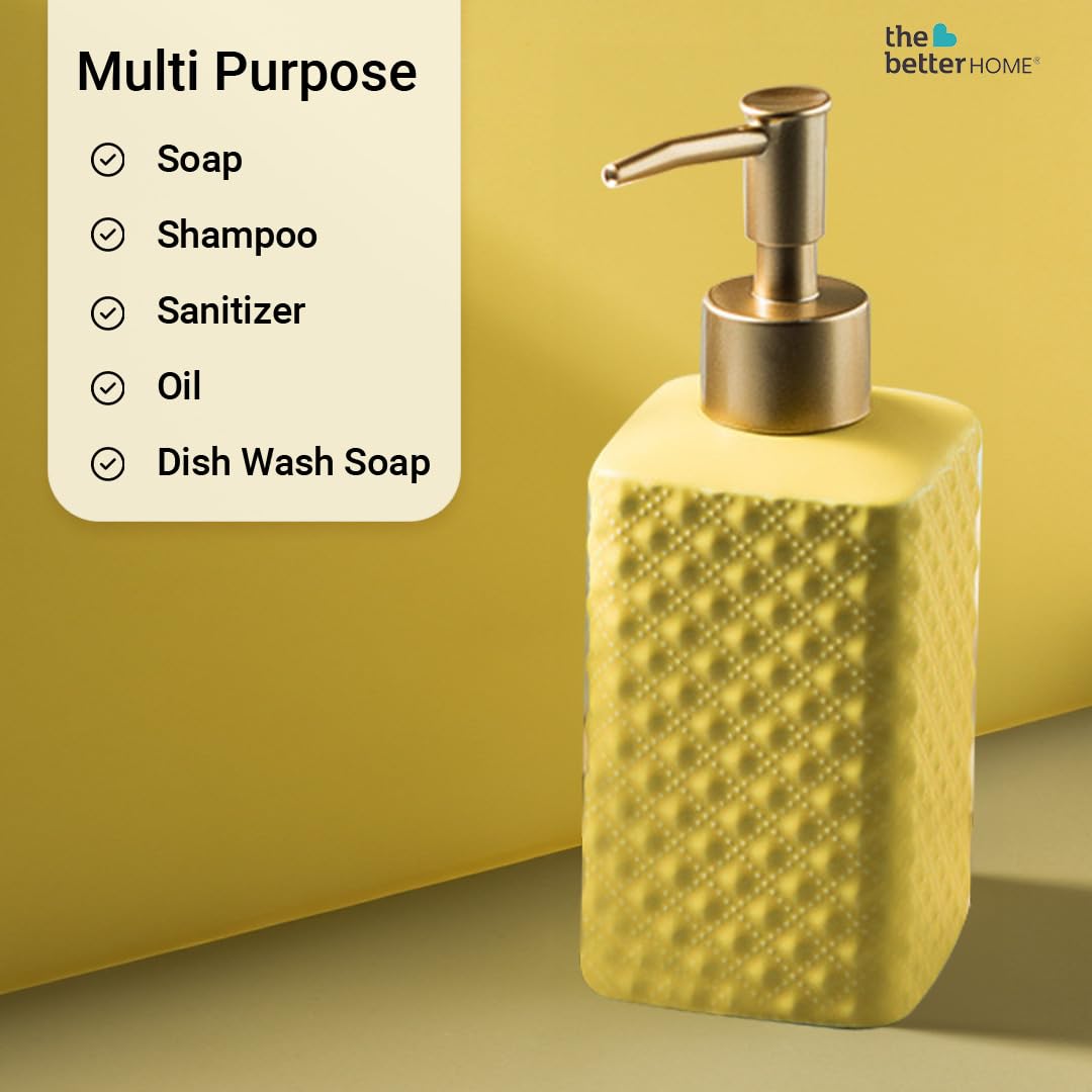 The Better Home 350ml Soap Dispenser Bottle - Yellow (Set of 4) |Ceramic Liquid Pump Dispenser for Kitchen, Wash-Basin, and Bathroom