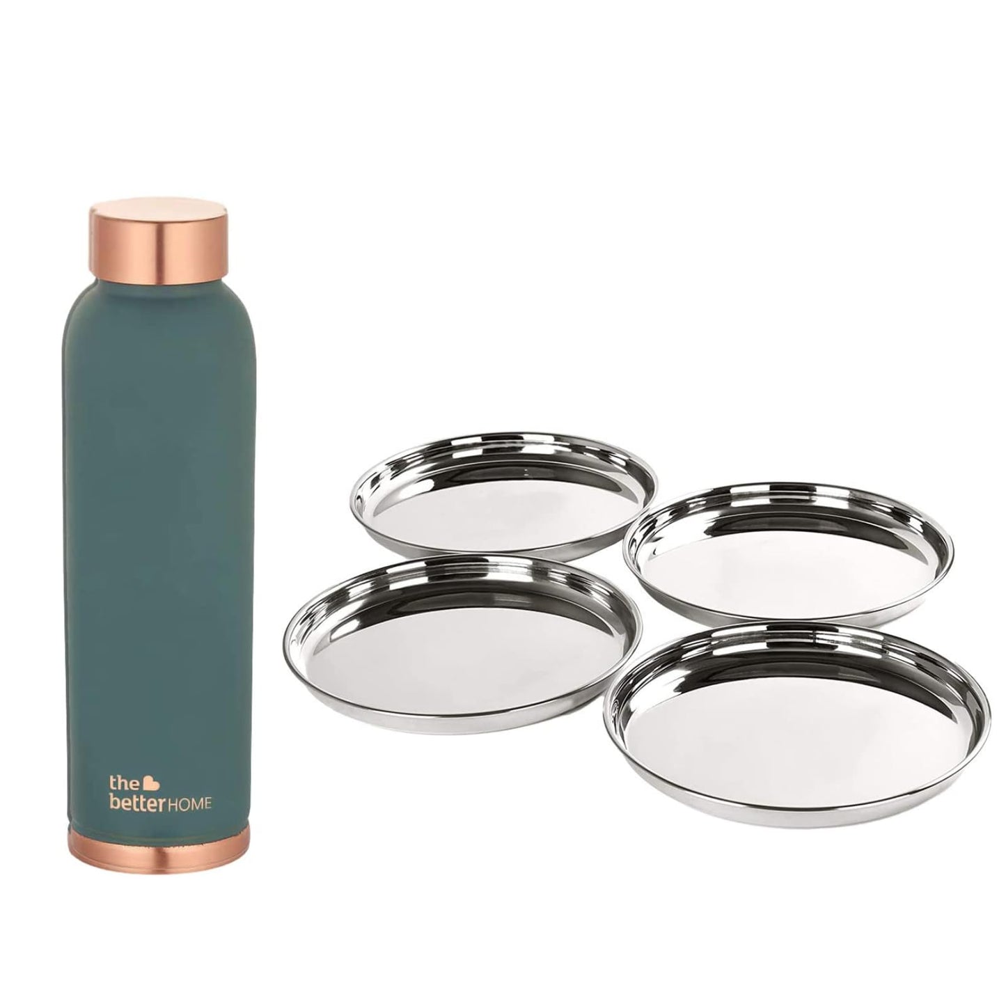 The Better Home 100% Pure Copper Water Bottle 1 Litre, Teal & Savya Home 4 pcs Big Plate Set