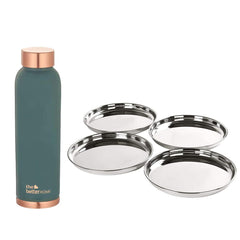 The Better Home 100% Pure Copper Water Bottle 1 Litre, Teal & Savya Home 4 pcs Big Plate Set