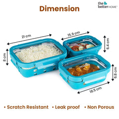 The Better Home Borosilicate Lunch Boxes with Removable Silicone Sleeves (370ml, 640ml,1050ml)| Lunch Box for Office Men Women | Tiffin Box for Kids| Microwave Safe Leak-Poof Locking Lid - Blue