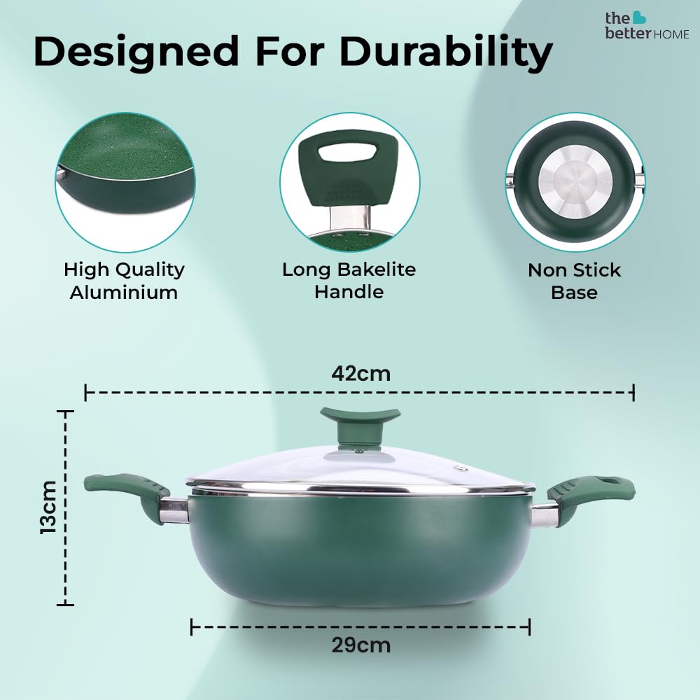 Non-Stick Kadai with Lid | 26cm Diameter | 3.6L Capacity | Deep Base Aluminium Kadai | Green