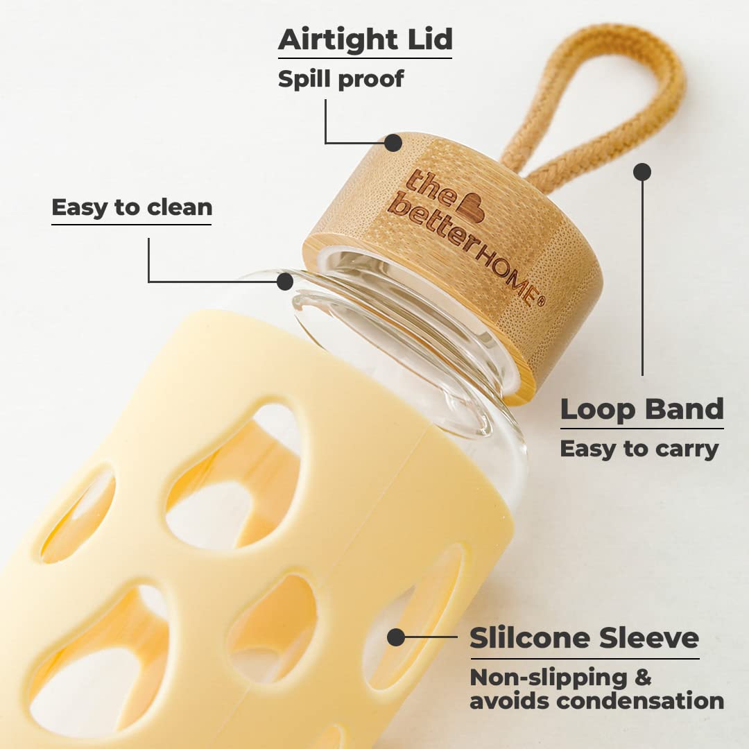 Borosilicate Glass Water Bottle with Sleeve 550ml | Non Slip Silicon Sleeve & Bamboo Lid | Water Bottles for Fridge | Yellow (Pack of 10)