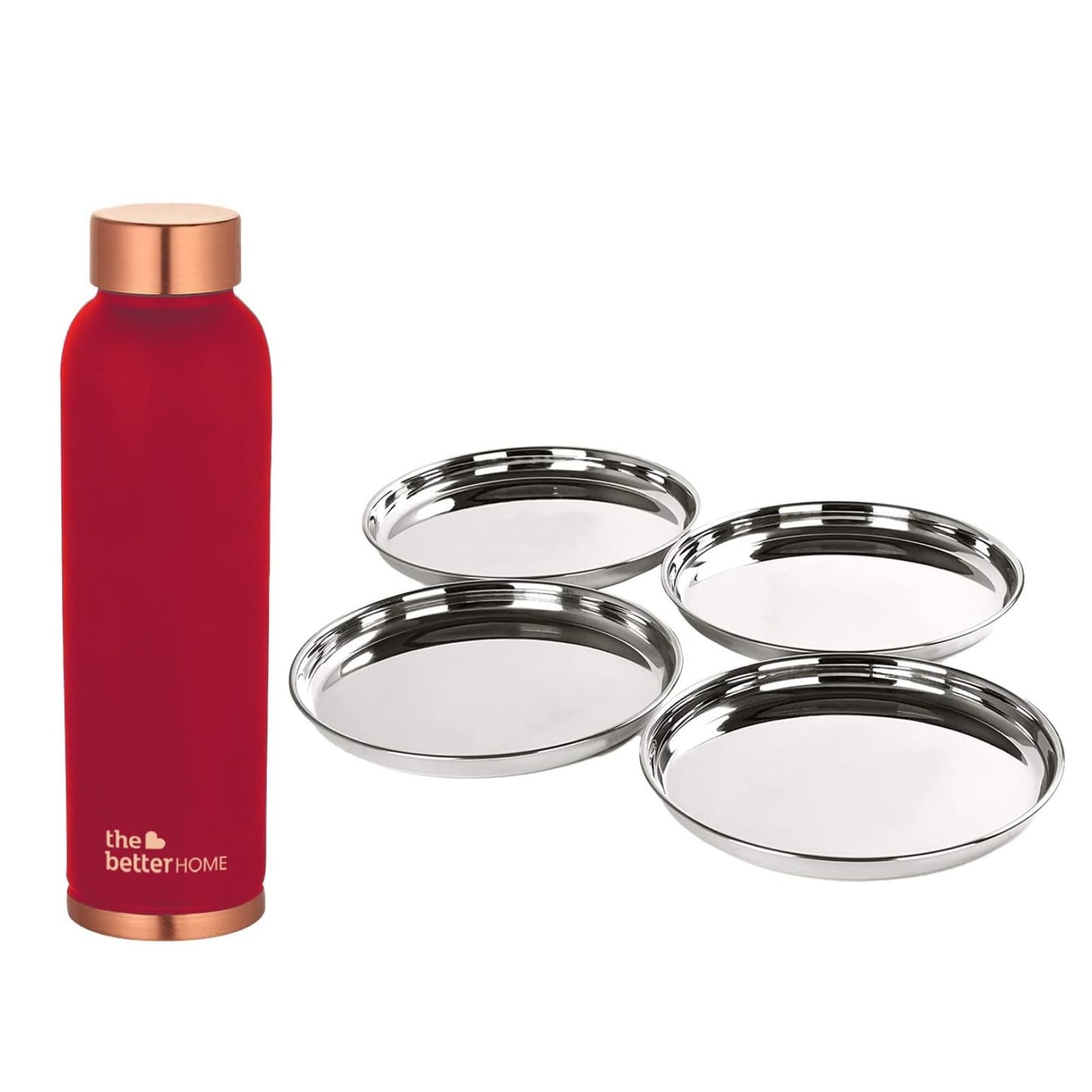 The Better Home 100% Pure Copper Water Bottle 1 Litre, Maroon & Savya Home 4 pcs Big Plate Set