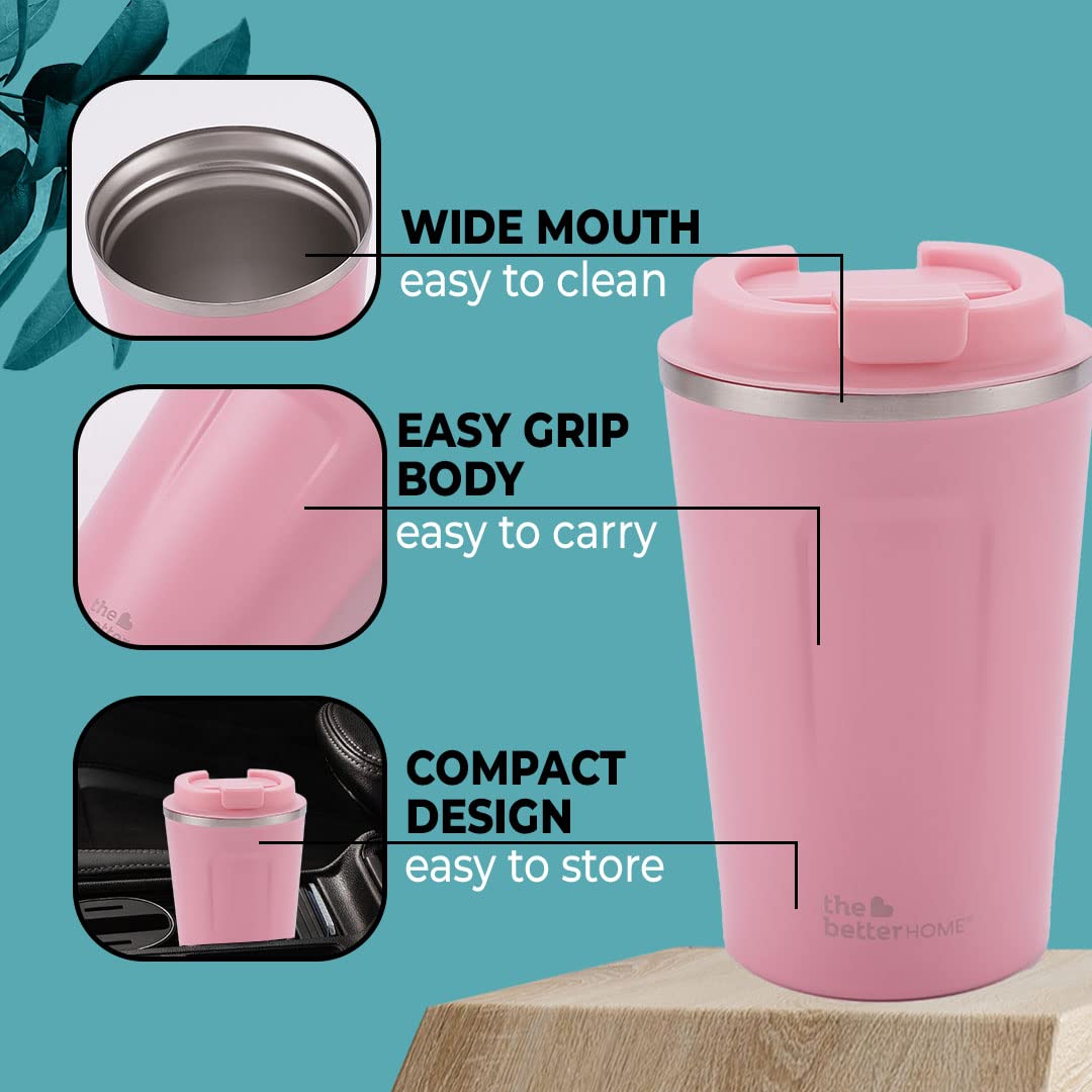 The Better Home 380 ml Insulated Coffee Cup Tumbler | Double Walled 304 Stainless Steel | Leakproof | Spillproof Silicone Rim | 6 hrs hot & Cold | BPA Free | Perfect for Home & Office | Blue (Pink)