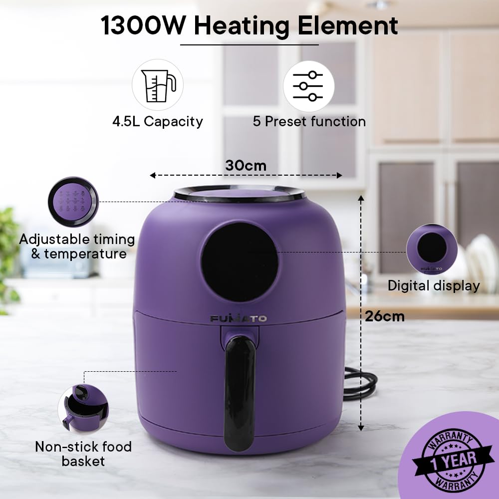 The Better Home FUMATO Aerochef Air fryer With Digital Touchscreen Panel 4.5L Purple & Stainless Steel Water Bottle 1 Litre Pack of 3 Purple