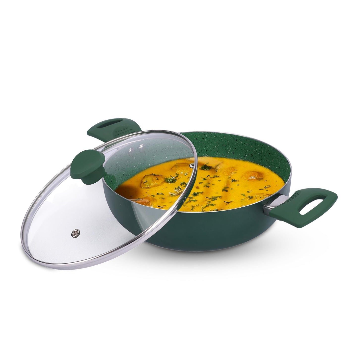 Non-Stick Kadai with Lid | 26cm Diameter | 3.6L Capacity | Deep Base Aluminium Kadai | Green