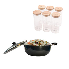 The Better Home Tall Jars 1000ml (Pack of 6) | Food Jars & Containers|Food Storage For Kitchen & SAVYA HOME 3mm HA Deep Kadai (20cm)-2.4 ltr |Pack and Store Combo (1000ml Jars + Kadai)