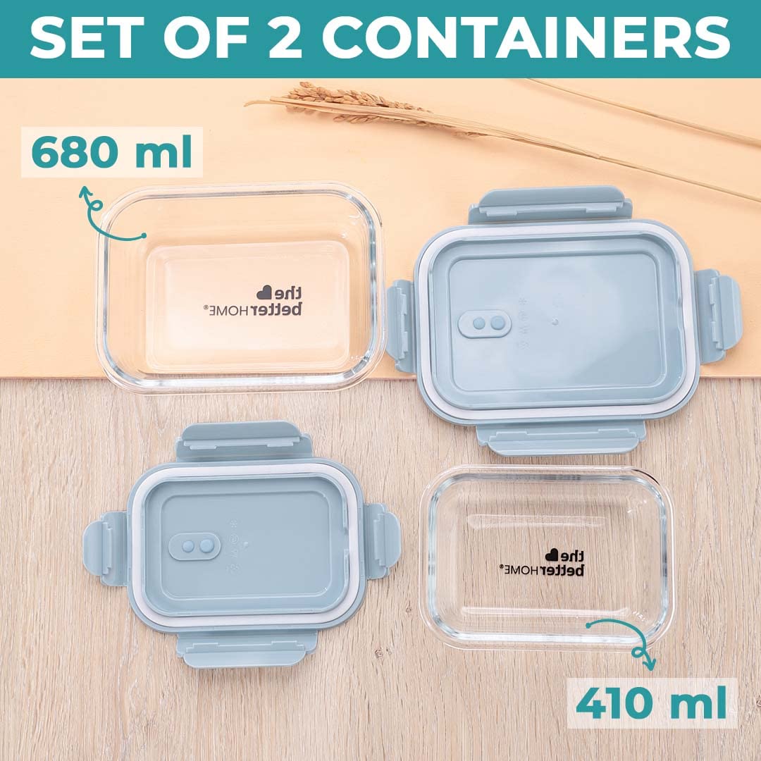 Glass Airtight Container Set For Food Storage | Leak Proof | Air Tight Lunch Box for Office, Fridge & School | Durable Borosilicate Glass | For Snacks & Lunch (680ml + 410ml)