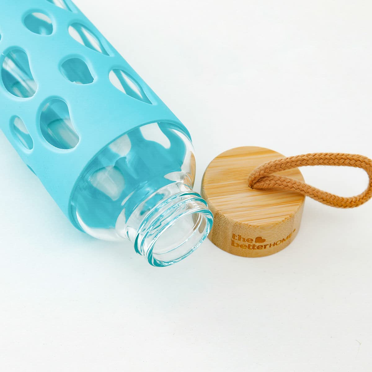 Borosilicate Glass Water Bottle - Non-Slip Silicone Sleeve & Bamboo Lid | 550ml | Blue | Sport Theme