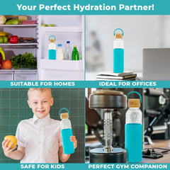 The Better Home Borosilicate Glass Water Bottle with Sleeve (500ml) | Non Slip Silicon Sleeve & Bamboo Lid | Water Bottles for Fridge | Light Blue (Pack of 10)