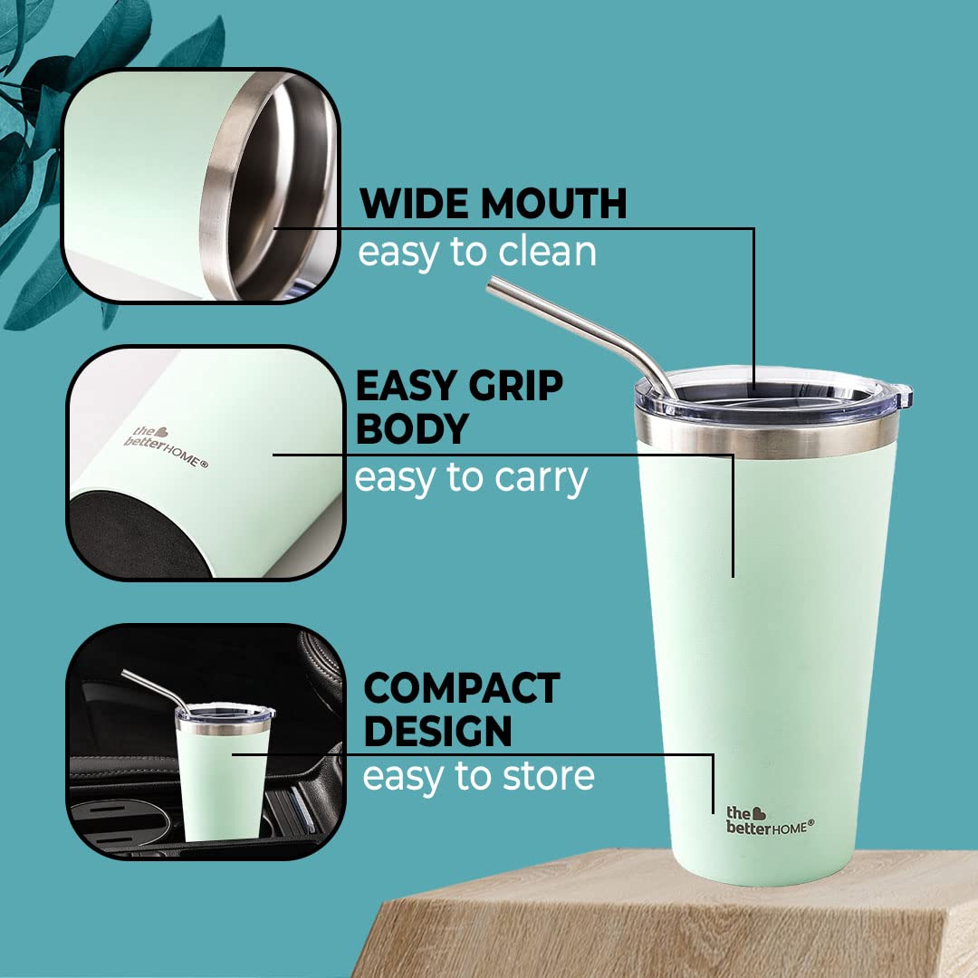 Insulated Tumbler with Straw & Lid 450ml | Double Wall Insulated Stainless Steel Water, Coffee Tumbler | Hot and Cold Coffee Flask | Durable Travel Coffee Mug with Lid (Green)