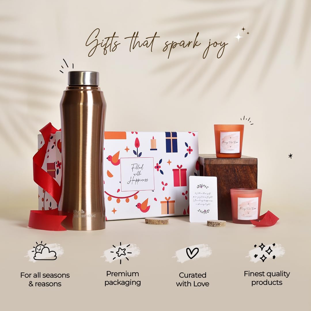 The Better Home Gift Set for Housewarming,Diwali | Gift Box of 3 with Stainless Steel Bottle(Gold, 1 LTR) & 2 Candles(Rose, 60g) | Gift for Housewarming, Secret Santa Gifts