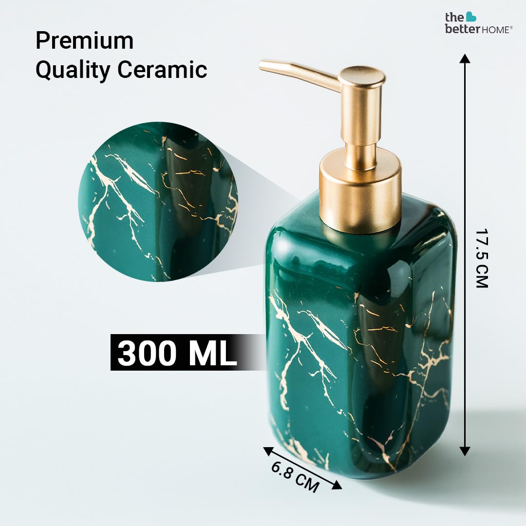 The Better Home 300ml Dispenser Bottle - Green (Set of 4) | Ceramic Liquid Dispenser for Kitchen, Wash-Basin, and Bathroom | Ideal for Shampoo, Hand Wash, Sanitizer, Lotion, and More