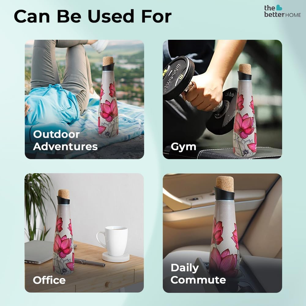 Combo: Insulated Stainless Steel Water Bottles - 18 Hours Insulation | Cork Cap | 750ml Each | Pink Lotus