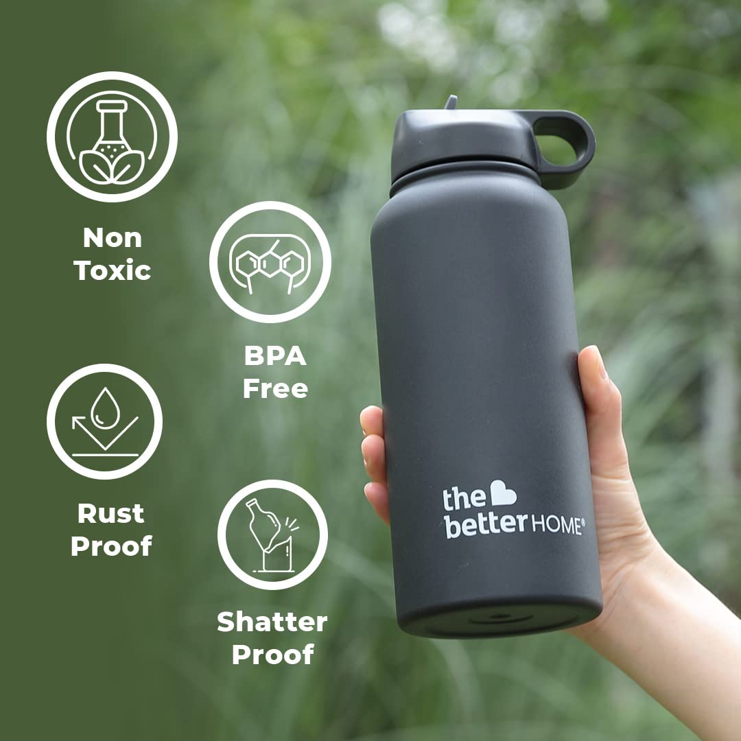 The Better Home Stainless Steel Insulated Sipper Water Bottle for Adults and Kids 1 Litre | Thermos Flask 1 Litre | Hot and Cold Insulated Water Bottle 1 Litre+ (Black)