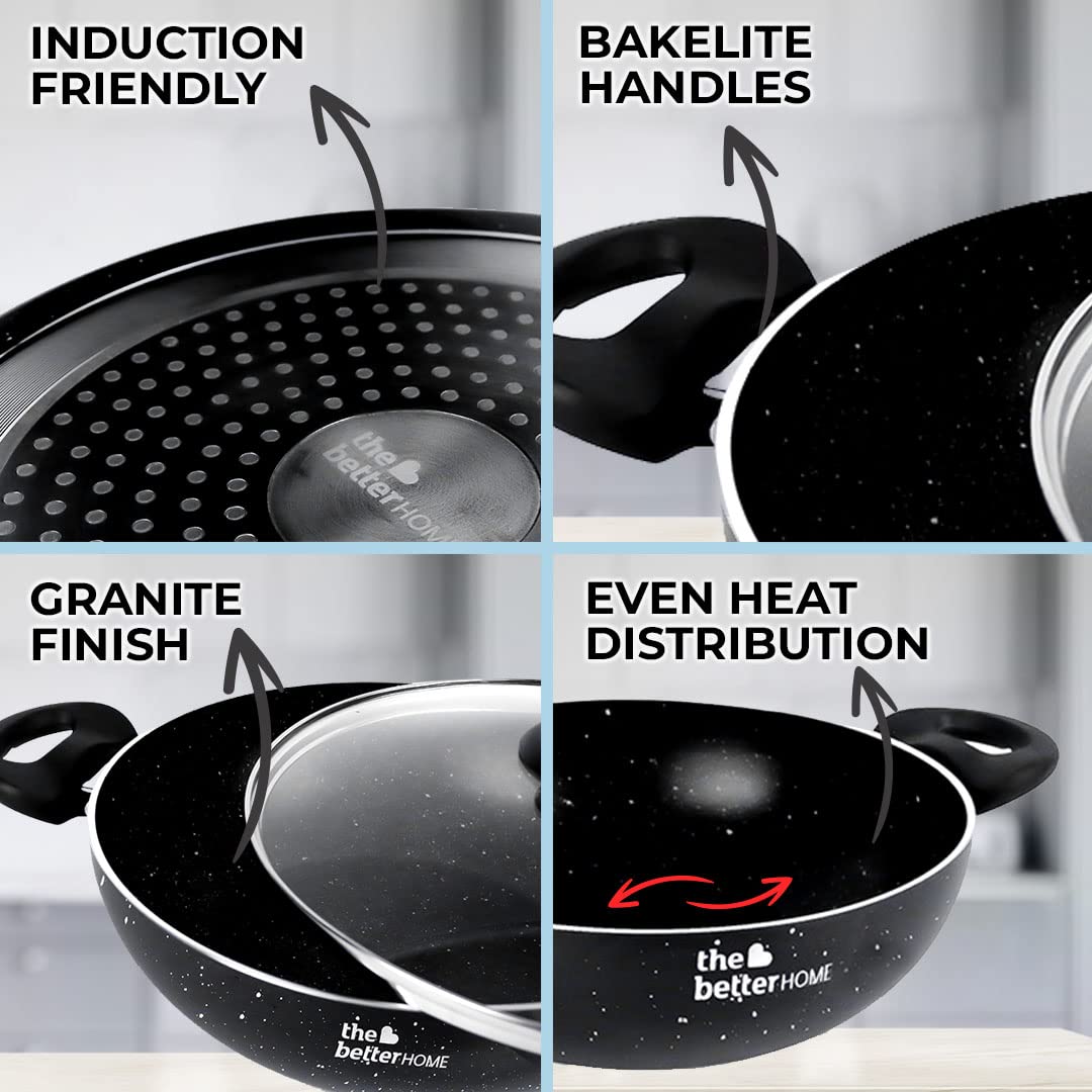 The Better Home Granite Non Stick Kadai with Lid 24cm |Induction Kadai & Wok |Hard Anodised Kadai for Deep Frying | Elegant Granite Kadai Non Stick | Granite Cookware with Induction Base