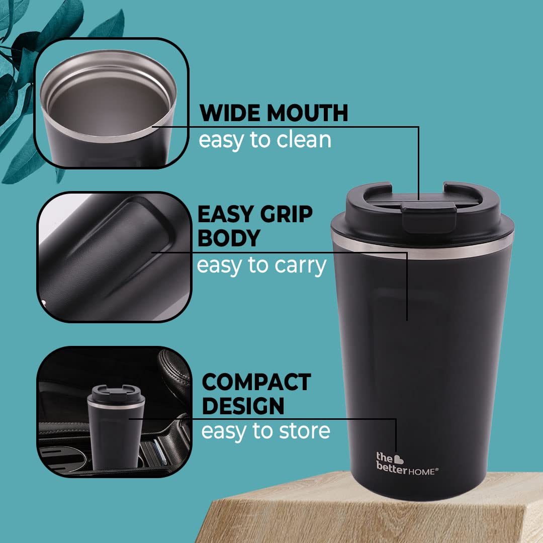 Insulated Coffee Cup Tumbler - Double Walled 304 Stainless Steel, Leakproof & Spillproof | 380 ml | Black