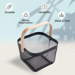 The Better Home Metal Mesh Storage Basket with Wooden Handle | Ideal for Storage, Shopping, Picnics and More (Black)