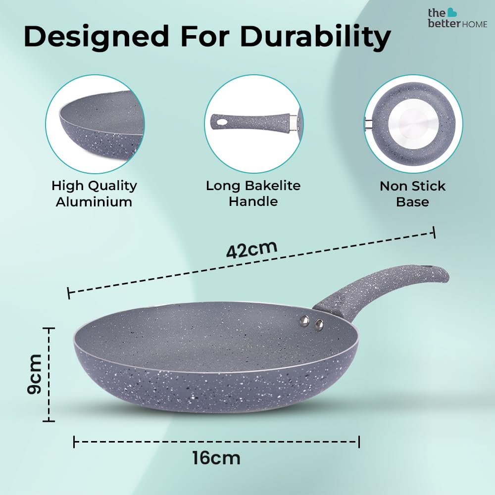 Non Stick Fry Pan - 24cm, Lightweight, Easy Grip Handle | Deep Saute Pan for Minimal Oil Cooking | Grey