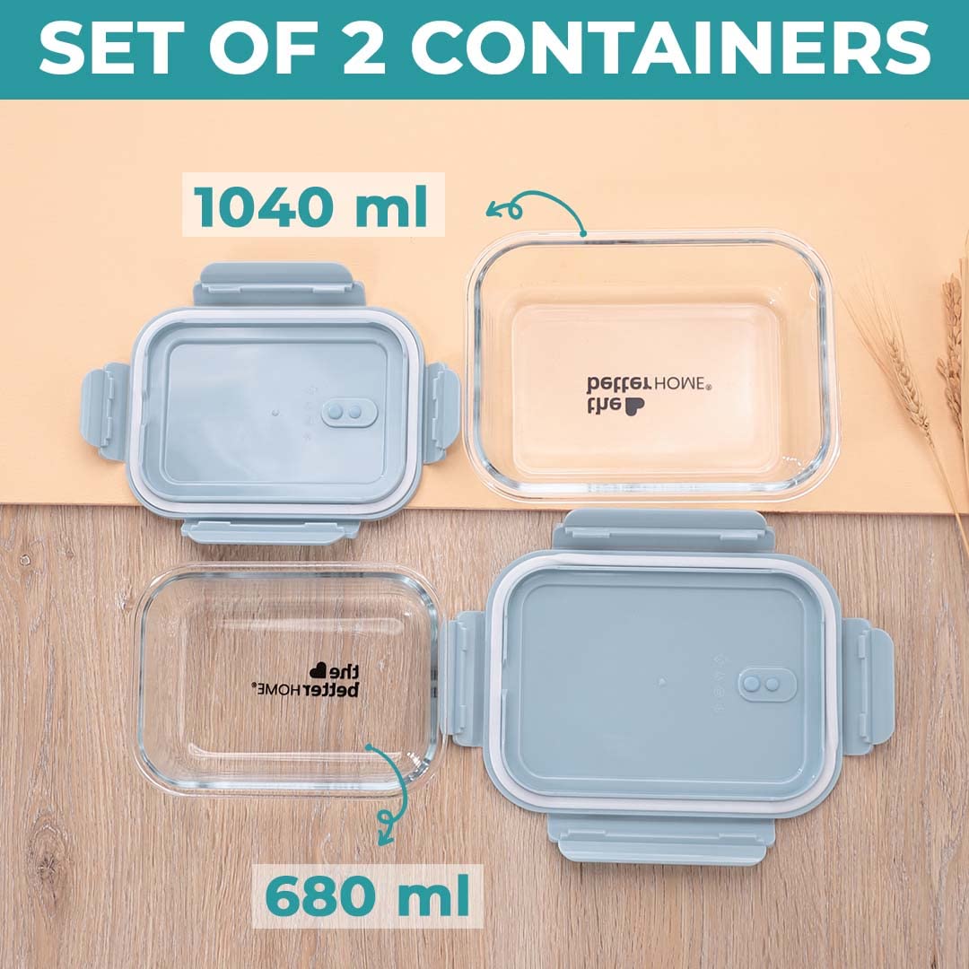 Glass Airtight Container Set For Food Storage | Leak Proof | Air Tight Lunch Box for Office, Fridge & School | Durable Borosilicate Glass | For Snacks & Lunch (1040ml + 680ml)
