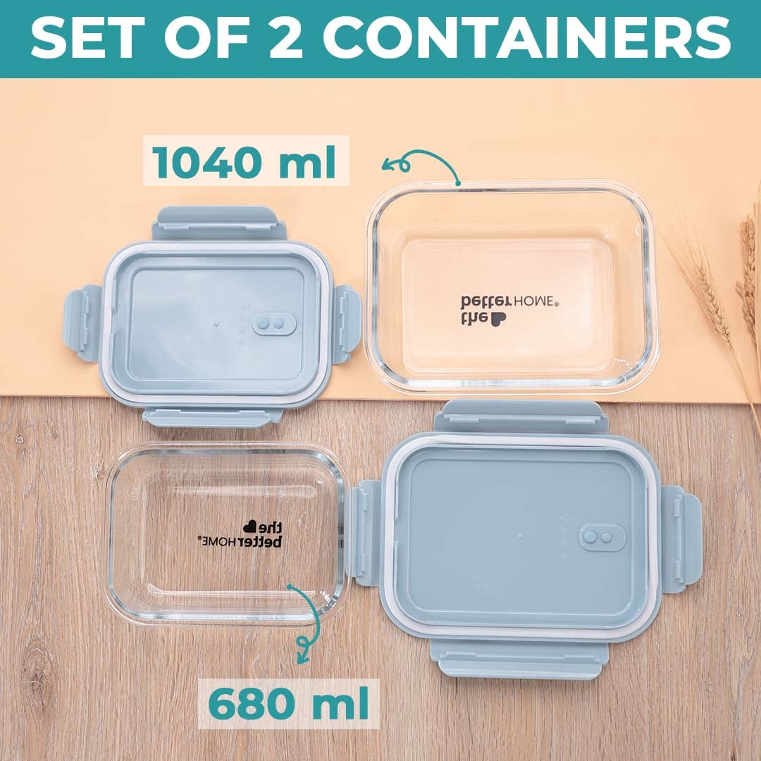 The Better Home Food Container With Snap Airtight Lid 2 Pcs (1040ml+680ml) Blue| Borosilicate Glass Container For Kitchen Storage Box Microwave Safe | Glass Tiffin Box| Lunch Box