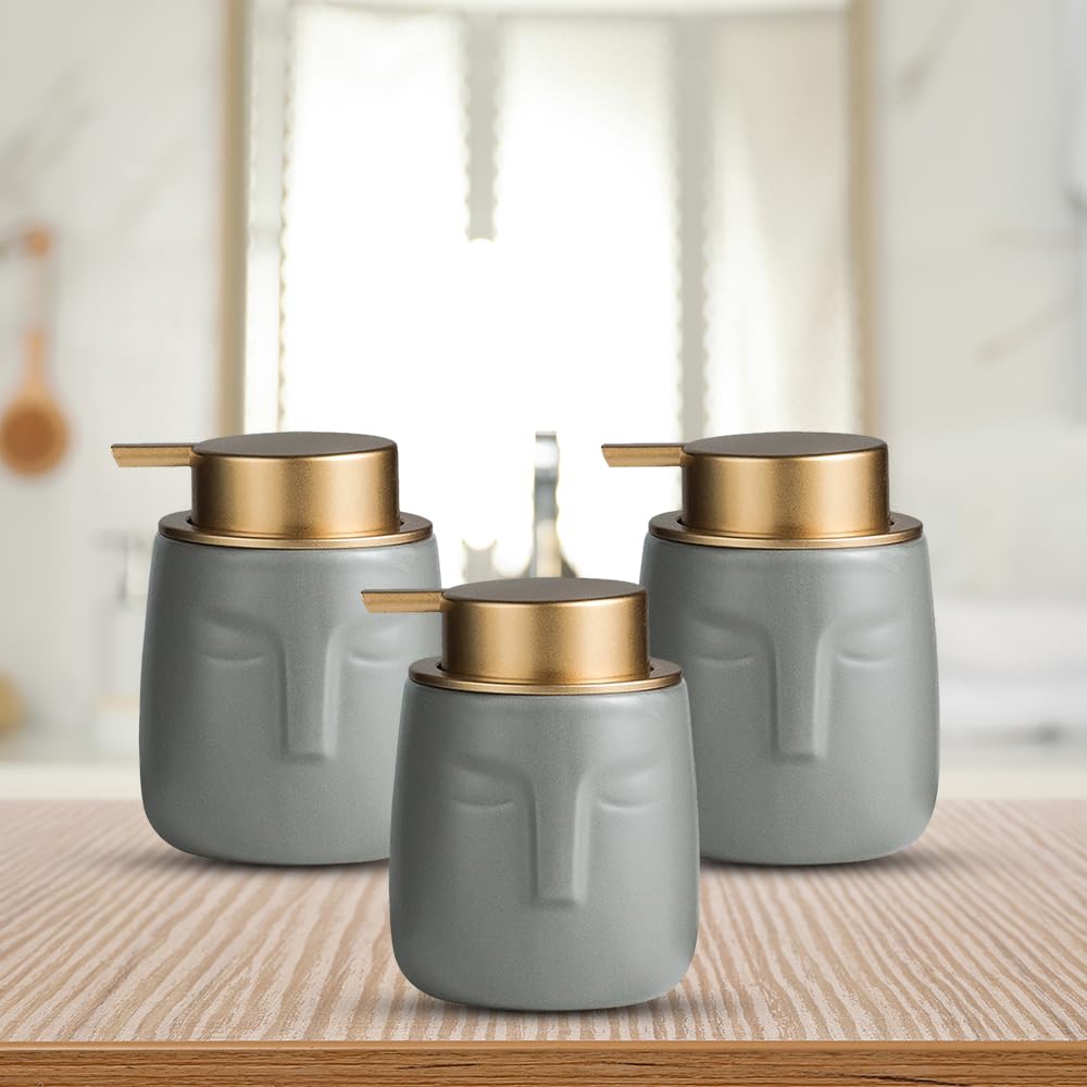 The Better Home 350ml Soap Dispenser Bottle - Grey (Set of 3) |Ceramic Liquid Pump Dispenser for Kitchen, Wash-Basin, and Bathroom