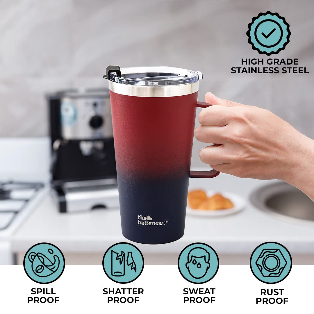 Insulated Coffee Cup Tumbler - Leakproof, Double Walled | Transparent Lid & Handle | 450ml | Maroon-Blue