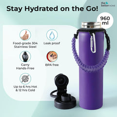 The Better Home Pack of 3 Stainless Steel Insulated Water Bottles | 960 ml Each | Thermos Flask Attachable to Bags & Gears | 6 hrs hot & 12 hrs Cold | Water Bottle for School Office Travel | Purple
