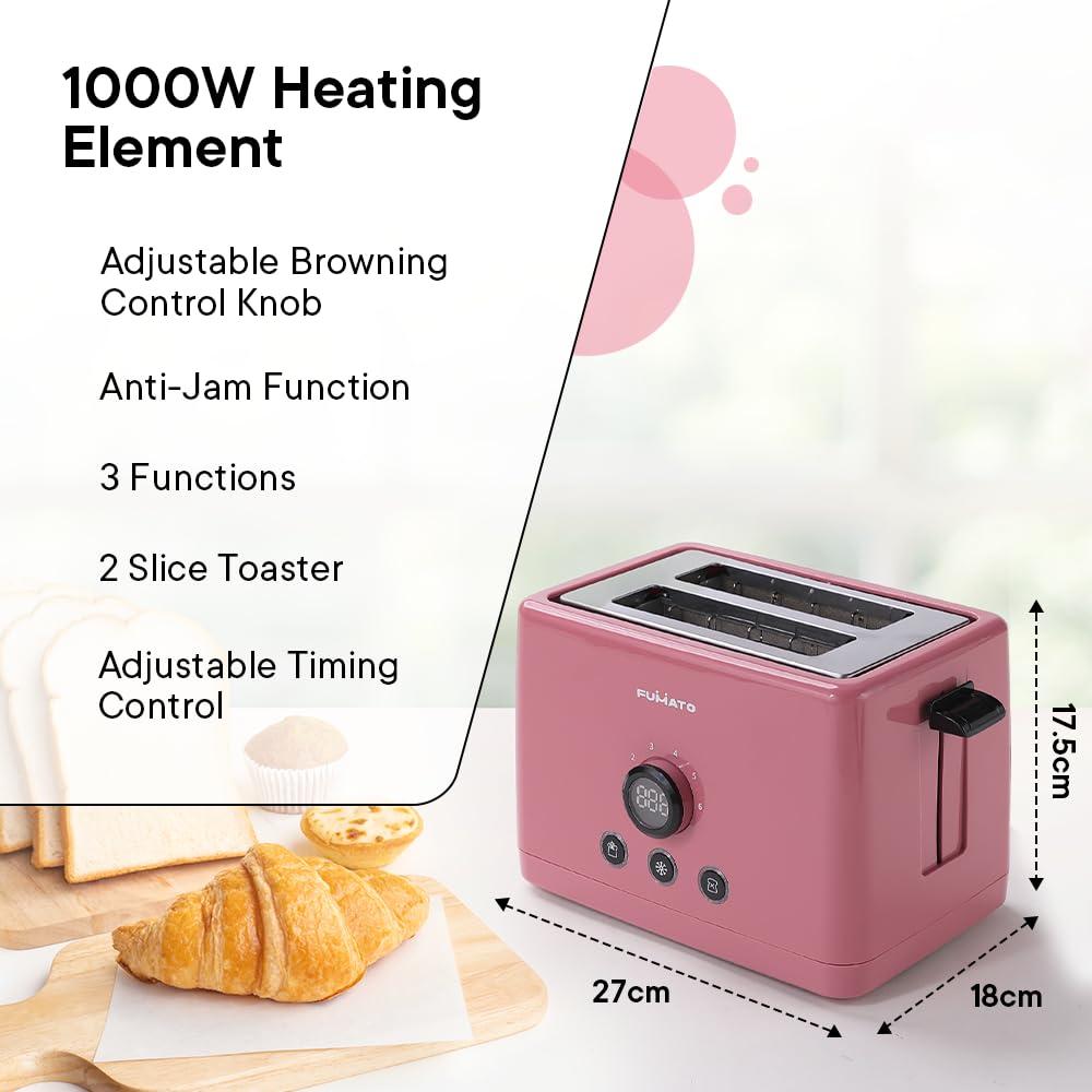 Stainless Steel 1000W 2-Slice Pop Up Toaster with 6 Heating Modes & Removable Crumb Tray | Cherry Pink