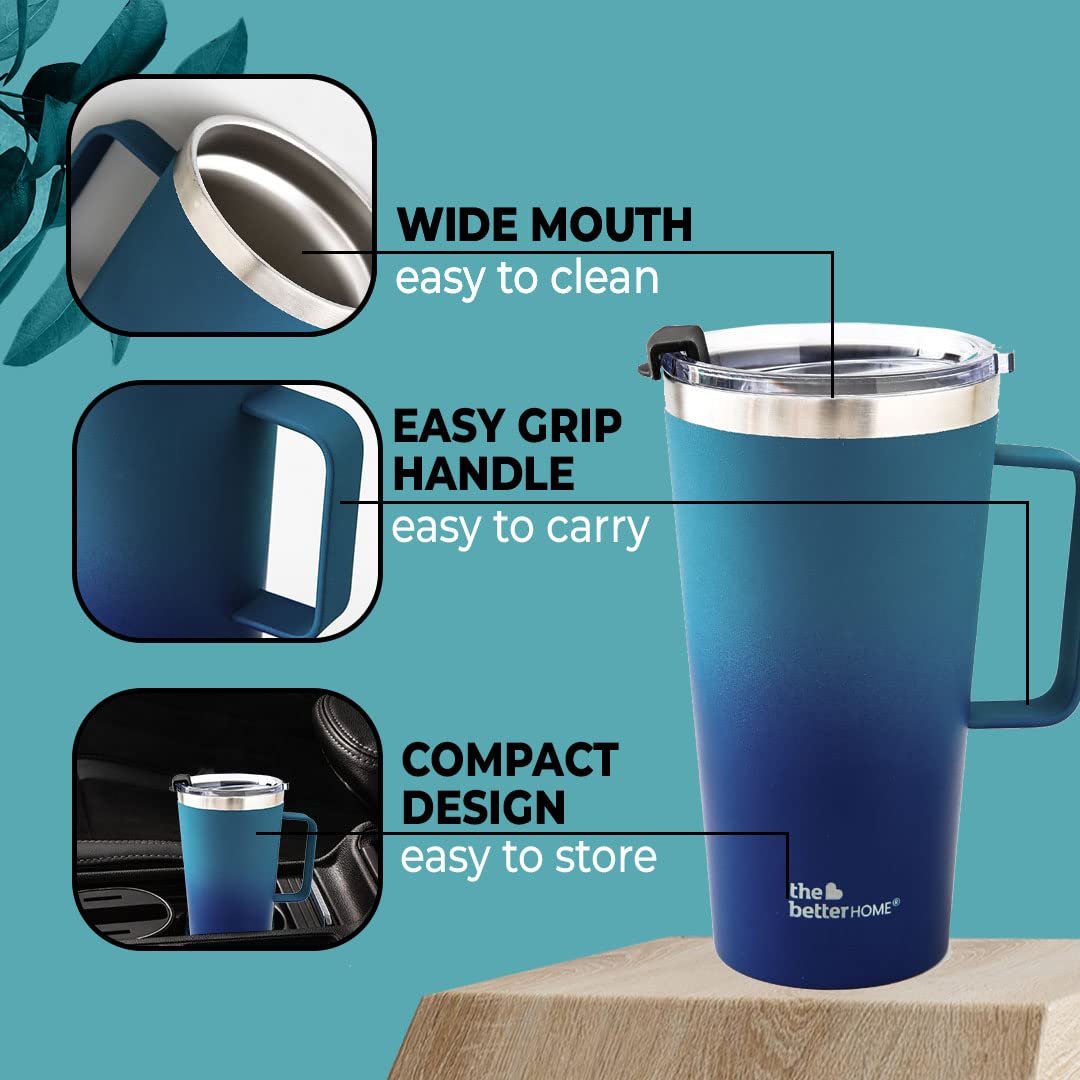 Insulated Coffee Mug with Lid & Handle (450ml) | Double Wall Insulated Stainless Steel Coffee Mug | Hot and Cold Coffee Tumbler | Coffee Mug for Travel | Blue-Pink (Blue to Aqua)