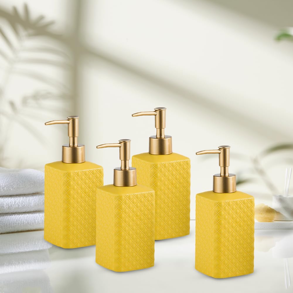 The Better Home 350ml Soap Dispenser Bottle - Yellow (Set of 4) |Ceramic Liquid Pump Dispenser for Kitchen, Wash-Basin, and Bathroom