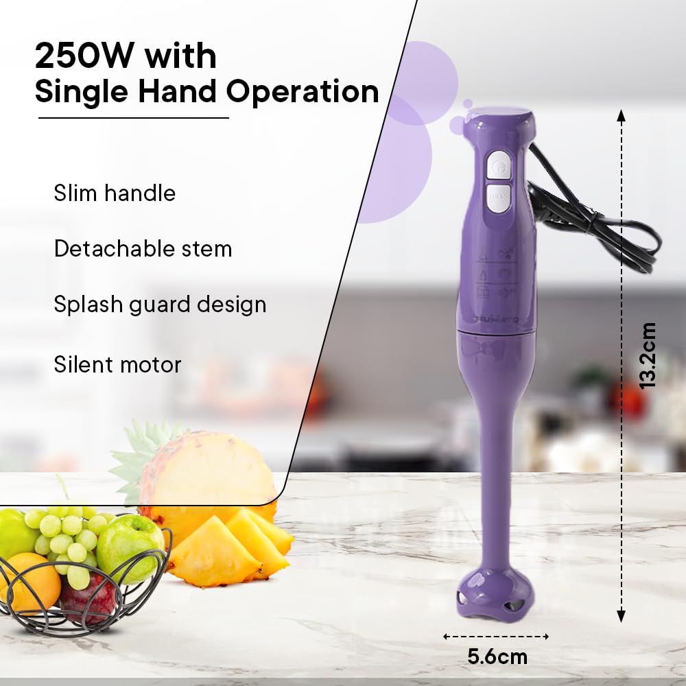 FUMATO Turbo 250W Portable Electric Hand Blender | Detachable Stainless Steel Stem, Powerful Motor | Hand Blender for Smoothie and Juices | 1 year Warranty | (Purple Haze)