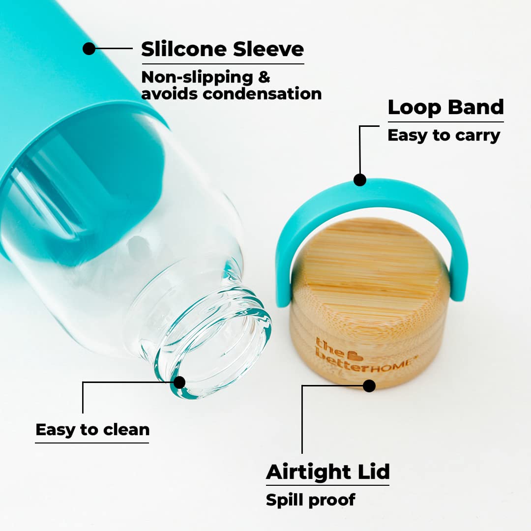 Borosilicate Glass Water Bottle with Sleeve (500ml) | Non Slip Silicon Sleeve & Bamboo Lid | Water Bottles for Fridge | Light Blue (Pack of 2)
