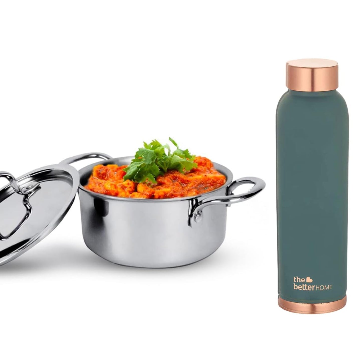 Combo: 100% Pure Copper Water Bottle & Stainless Steel Casserole with Lid | 1L & 4L | Teal | Induction Cookware