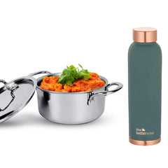 The Better Home 100% Pure Copper Water Bottle 1 Litre, Teal & Savya Home Triply Stainless Steel Casserole with Lid, 4L (22cm), Gas & Induction Cookware