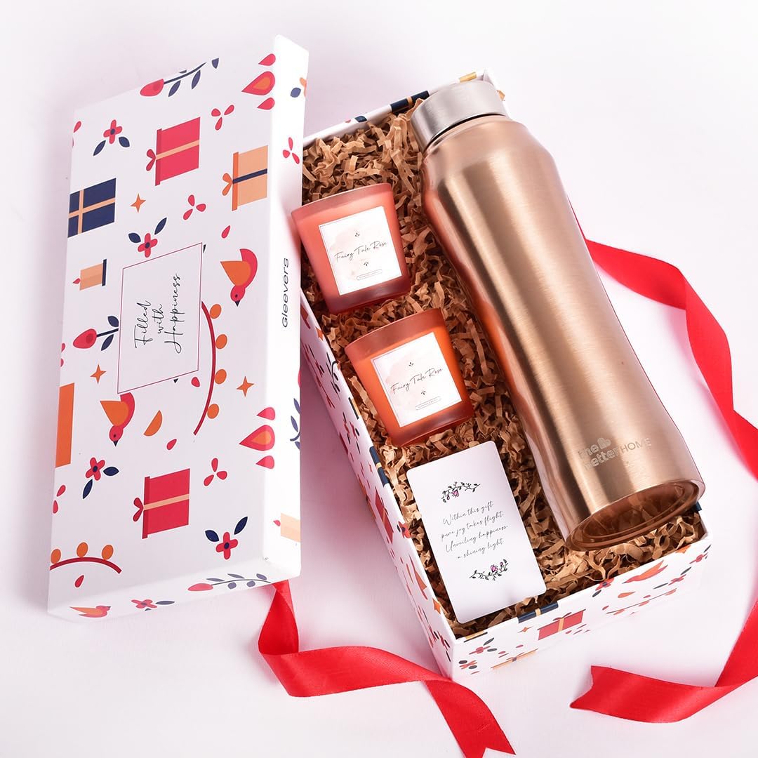 The Better Home Gift Set for Housewarming,Diwali | Gift Box of 3 with Stainless Steel Bottle(Gold, 1 LTR) & 2 Candles(Rose, 60g) | Gift for Housewarming, Secret Santa Gifts