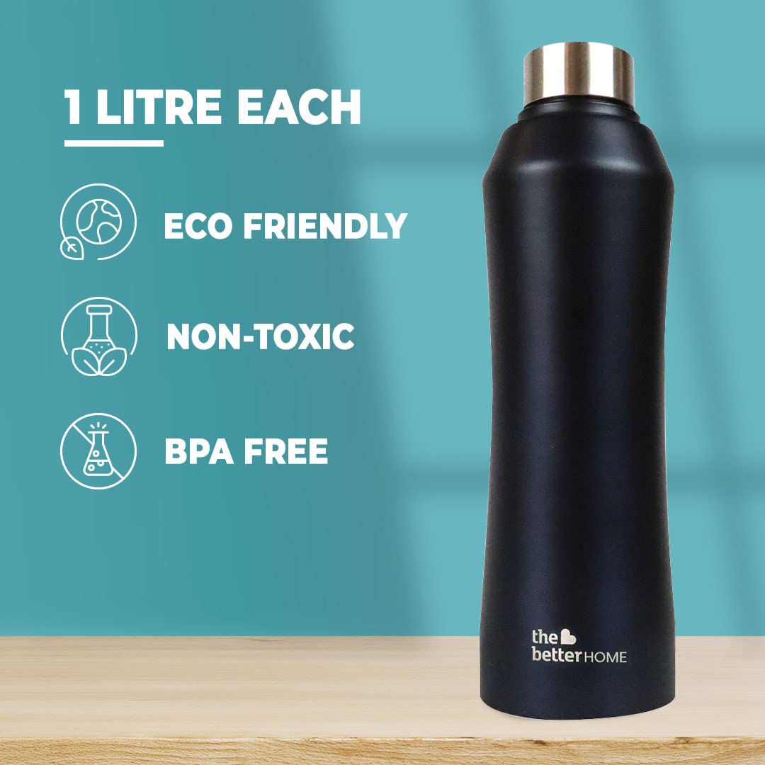 The Better Home 1000 Stainless Steel Water Bottle 1 Litre - Black Pack of 6 | Eco-Friendly, Non-Toxic & BPA Free Water Bottles 1+ Litre | Rust-Proof, Lightweight, Leak-Proof & Durable