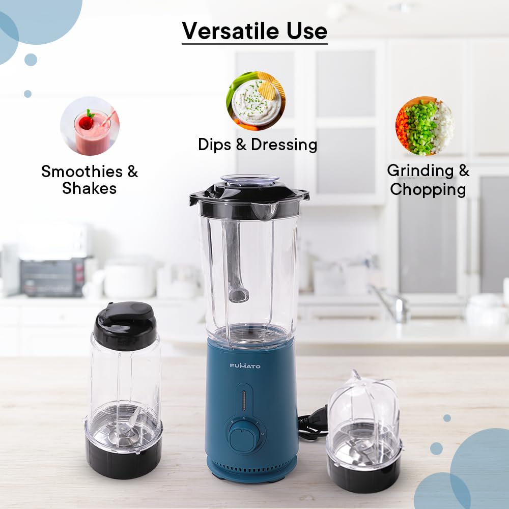 The Better Home FUMATO Mixer Grinder Blender- 400W | Mixie for Kitchen with 3 Jars, Stainless Steel Blades, 3 Speed Control, Anti-Skid Feet | Nutri Blender Juicer with 1 Year Warranty (Midnight Blue)