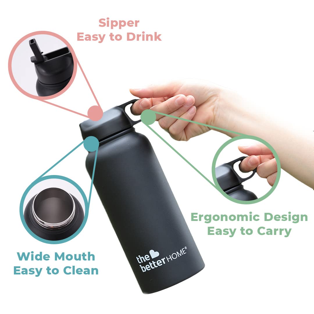 The Better Home Stainless Steel Insulated Sipper Water Bottle for Adults and Kids 1 Litre | Thermos Flask 1 Litre | Hot and Cold Insulated Water Bottle 1 Litre+ (Black)