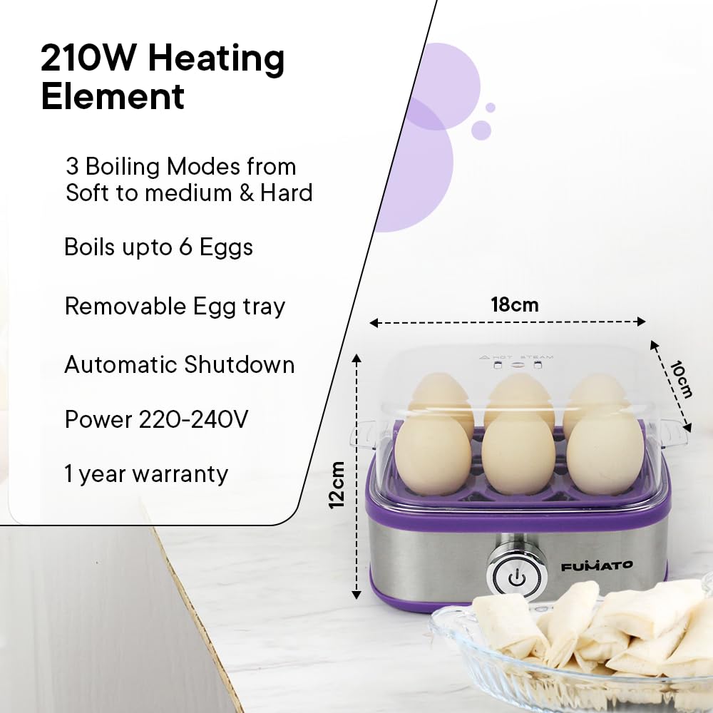 Electric Egg Boiler 2-in-1 - Boil 6 Eggs, Poach 2 | Automatic Turn-Off | Stainless Steel | Purple Haze